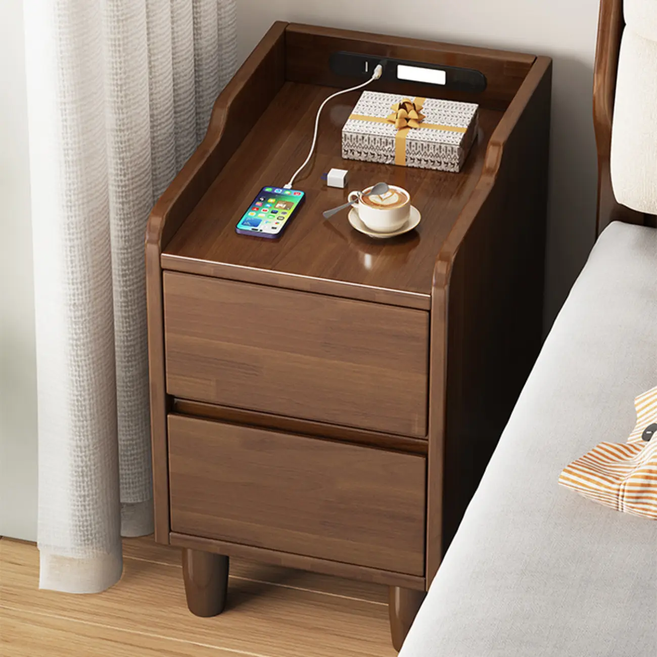 Brown Wood USB-Charging Drawers Nightstand with Lighting