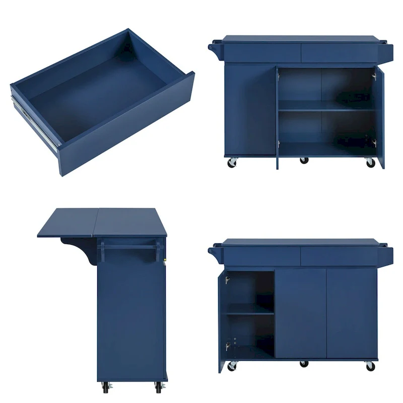 53 Rolling Kitchen Island w/ Drop Leaf,Spice Rack,Adjustable Shelves