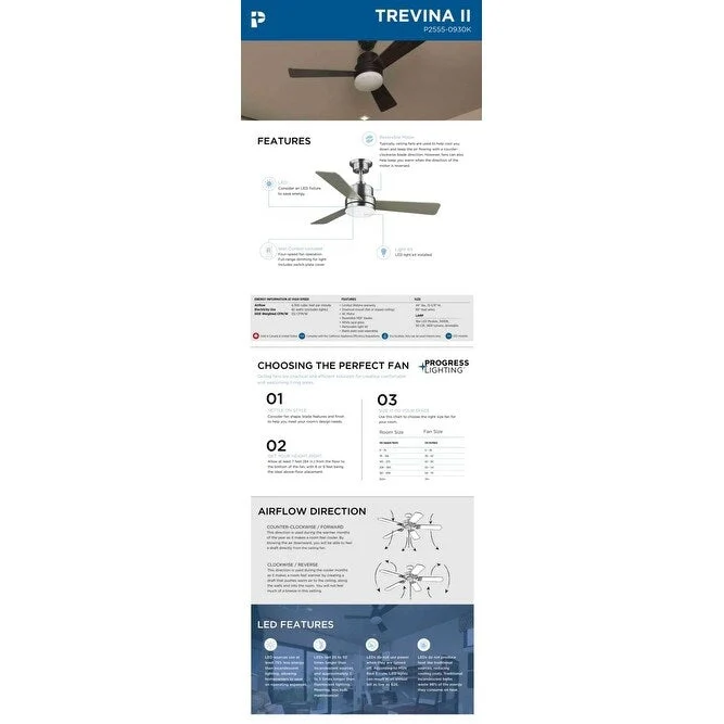 Progress Lighting Trevina II 44  3 Blade LED Ceiling Fan with Wall