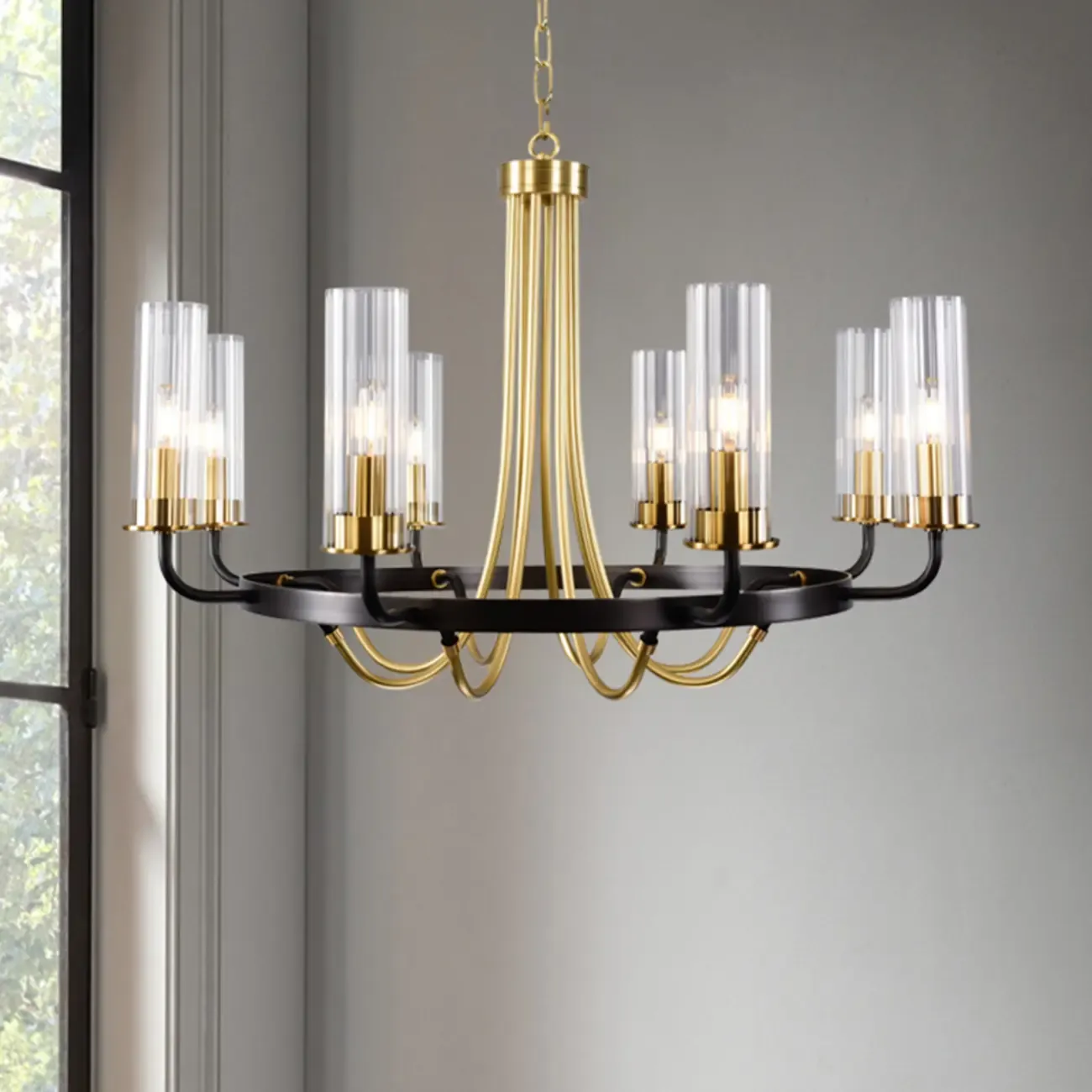 Modern Circle Black Gold Clear Glass Shade Chandelier