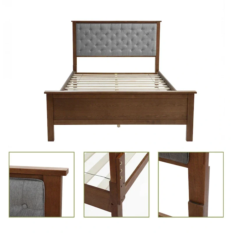 Gray Upholstered Queen Bed Headboard and Wood Footboard Set
