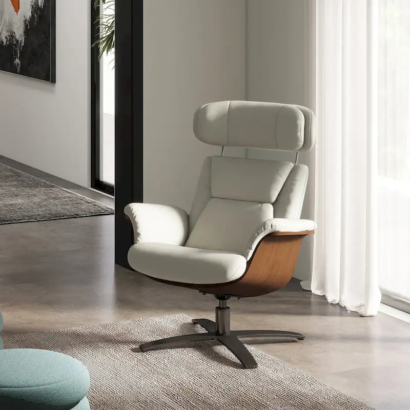 Jovan 31.5 Curved Wood Genuine Leather Recliner Lounge Chair