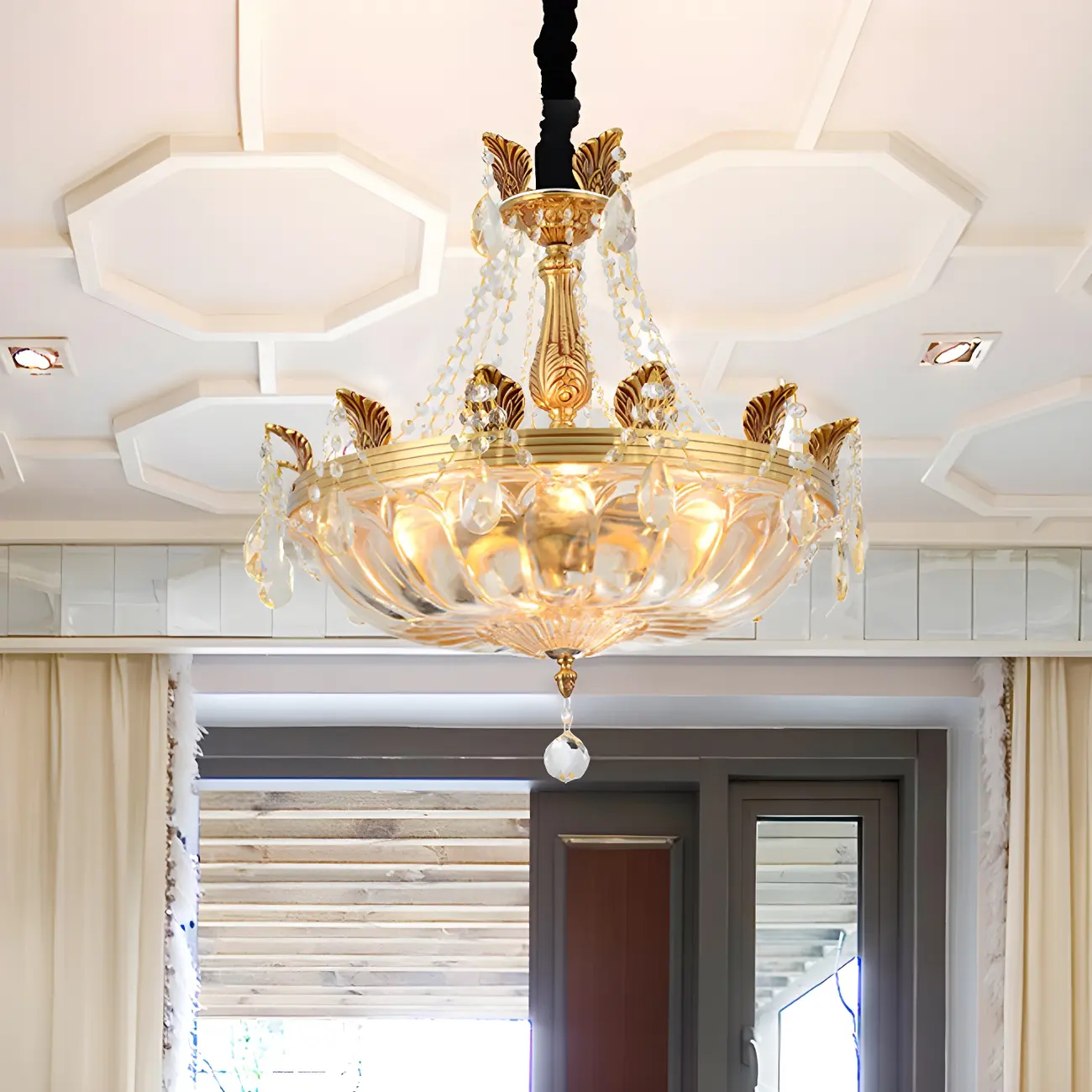 Luxurious Brass Crystal Bowl Bean Chandelier