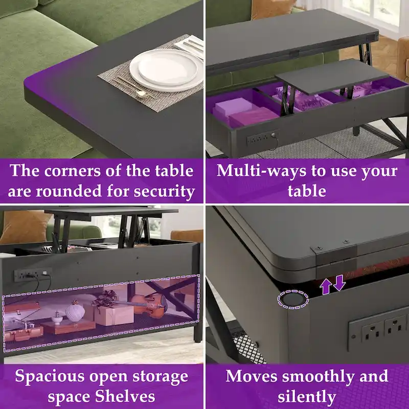 Modern Black Expandable Lift Top Coffee Table Converts to Dining Table with LED Light and Power Outlet