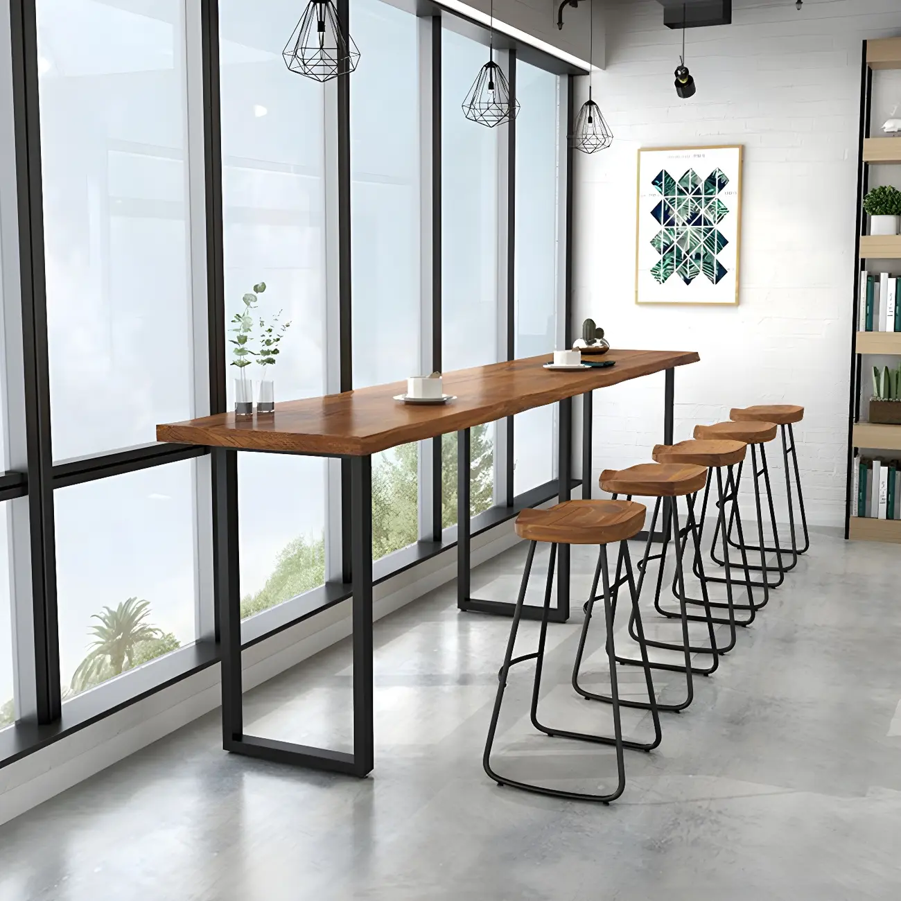 Pine Wood Rectangular Metal Base Bar Table Brown