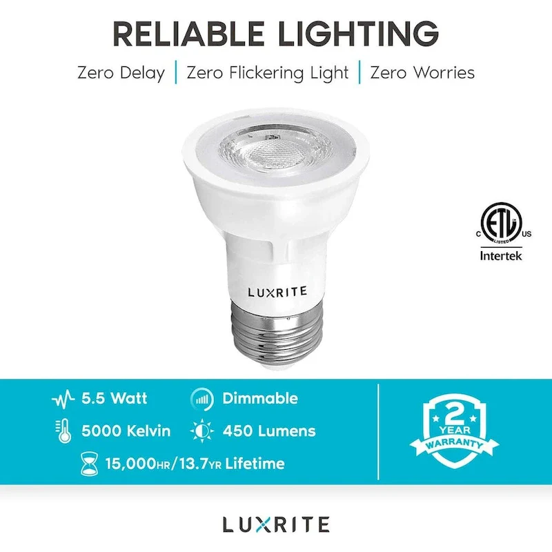 Luxrite PAR16 LED Bulb, 50W Equivalent, 450 Lumens, Dimmable, Enclosed Fixture Rated, ETL, Damp Rated, E26 Base (6 Pack)
