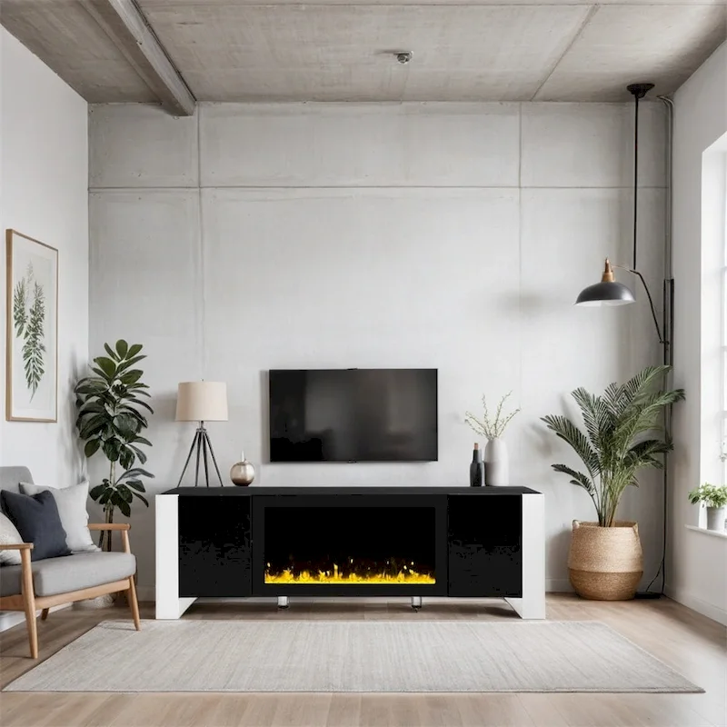 Modern TV Stand with 34.2 Non-heating Electric Fireplace and Cabinets
