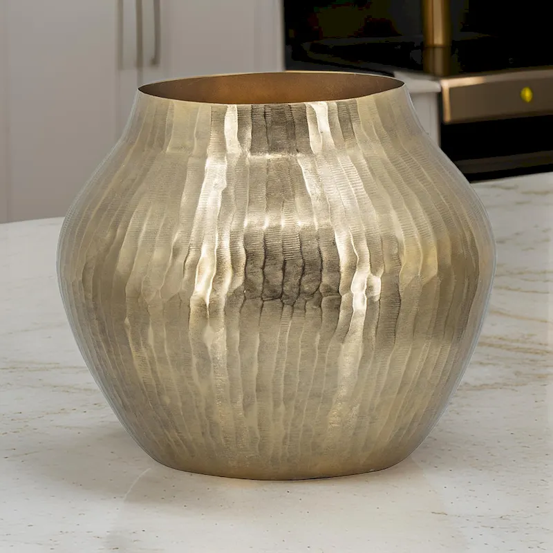 Kria 13 Inch Modern Vase, Curved Shape, Hammered Texture Gold Metal Finish
