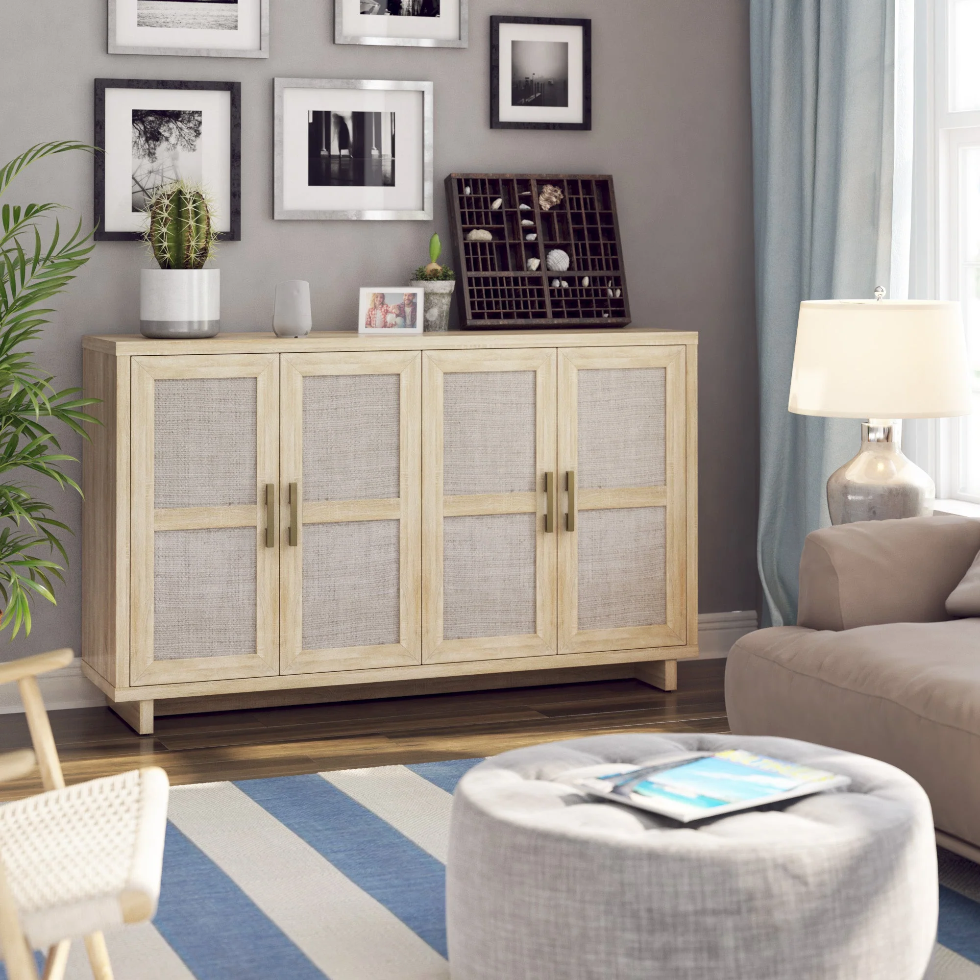 Boho Coastal Linen Design Buffet Sideboard with Shelving Storage