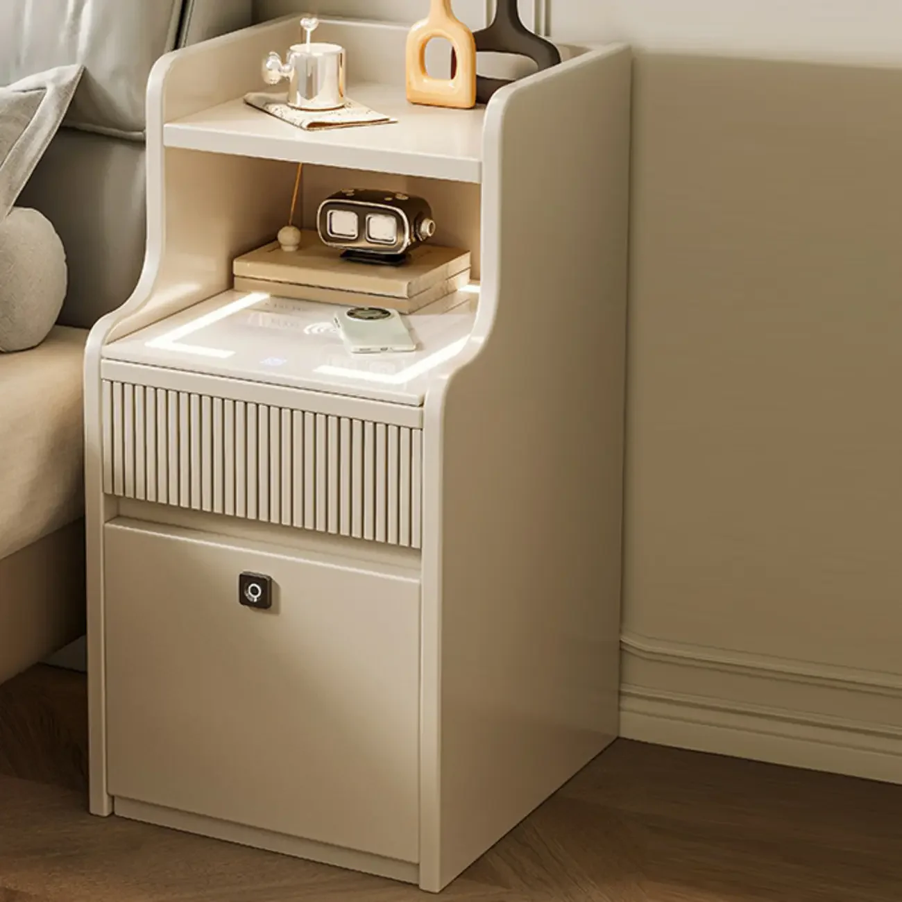Smart Versatile White Wood Nightstand with Fingerprint Lock