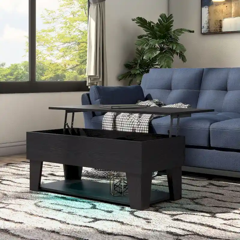DH BASIC Modern 39-inch Lift-Top Coffee Table with 16 Colors LED Light and Hidden Storage