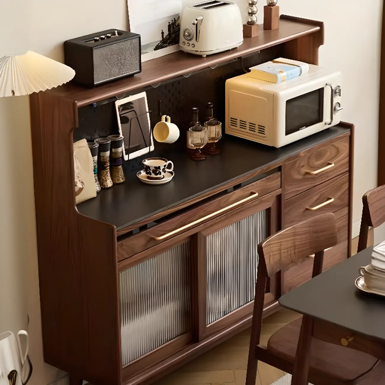 Modern Walnut Stone Countertop Buffet with Cabinets