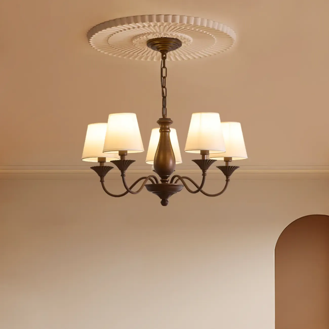 Traditional Brown Metal Fabric Barrel 8 Lights Chandelier