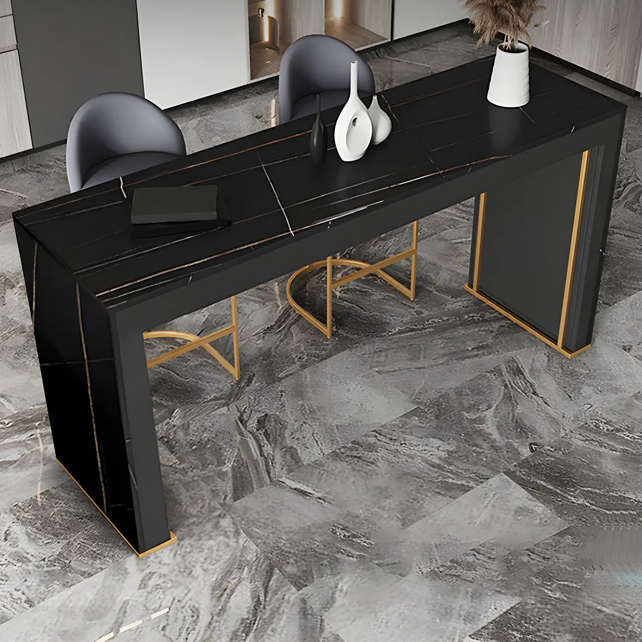 Modern White Stone Top Wood Dual-Pedestal Bar Tables