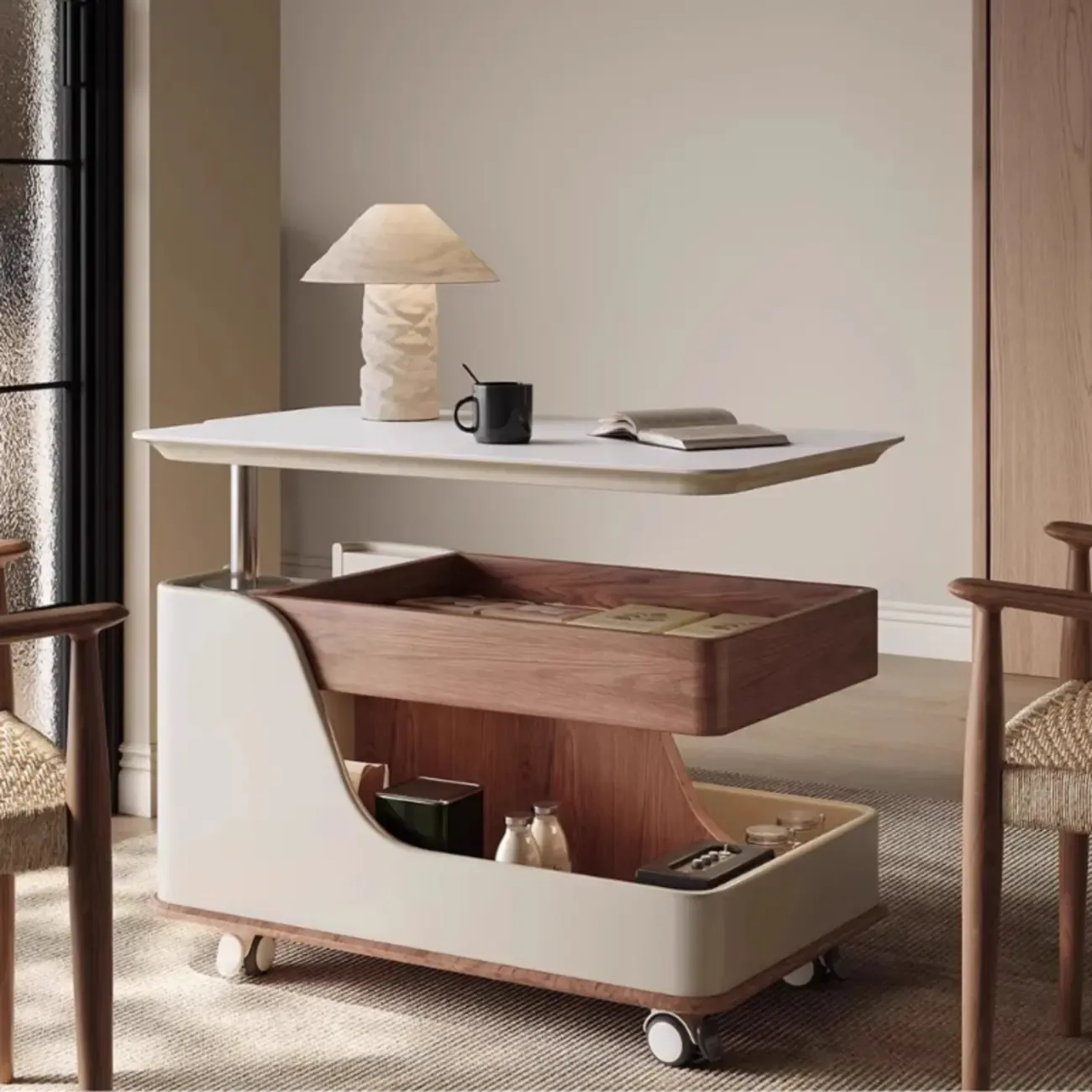 White Adjustable Top Modern Rolling Wood Side Table