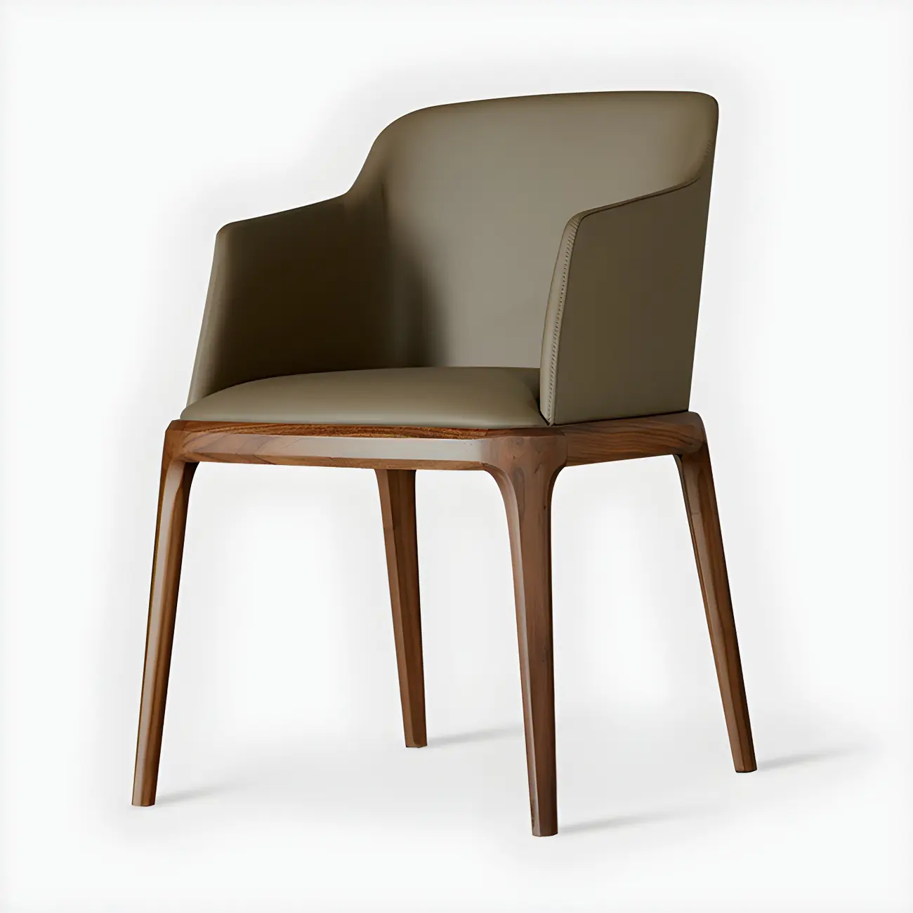 Khaki Leather Wood Legs Armrest Dining Chair