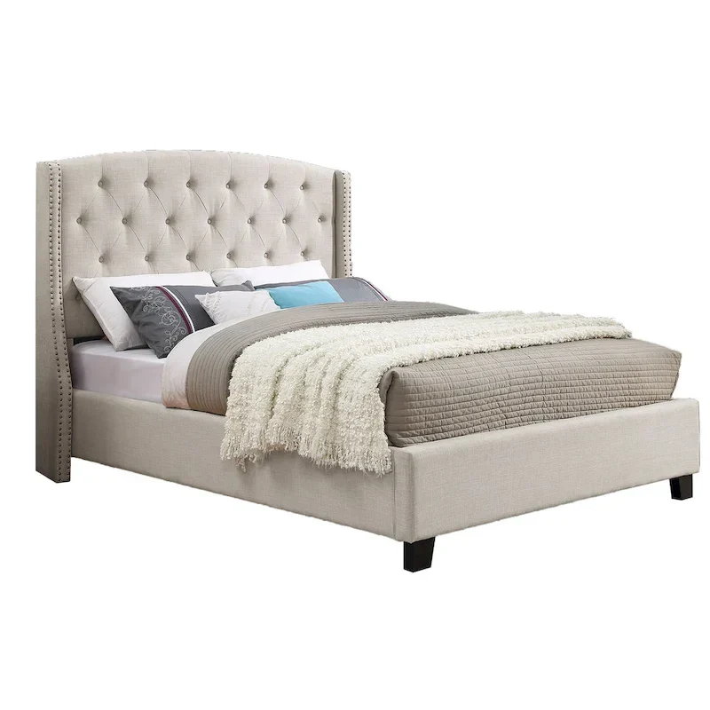 Roundhill Furniture Astral 3-Piece Upholstered Bedroom Set Tufted Wingback Bed with Two Nightstands