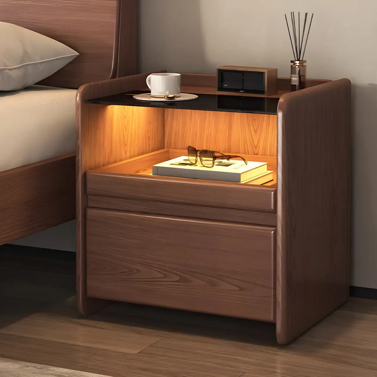 Nut-Brown Wood Glass Top Drawer Nightstand with Light