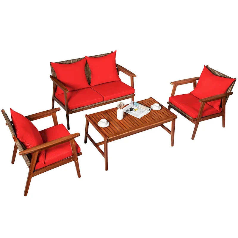Costway 8PCS Patio Rattan Furniture Set Acacia Wood Frame Cushioned