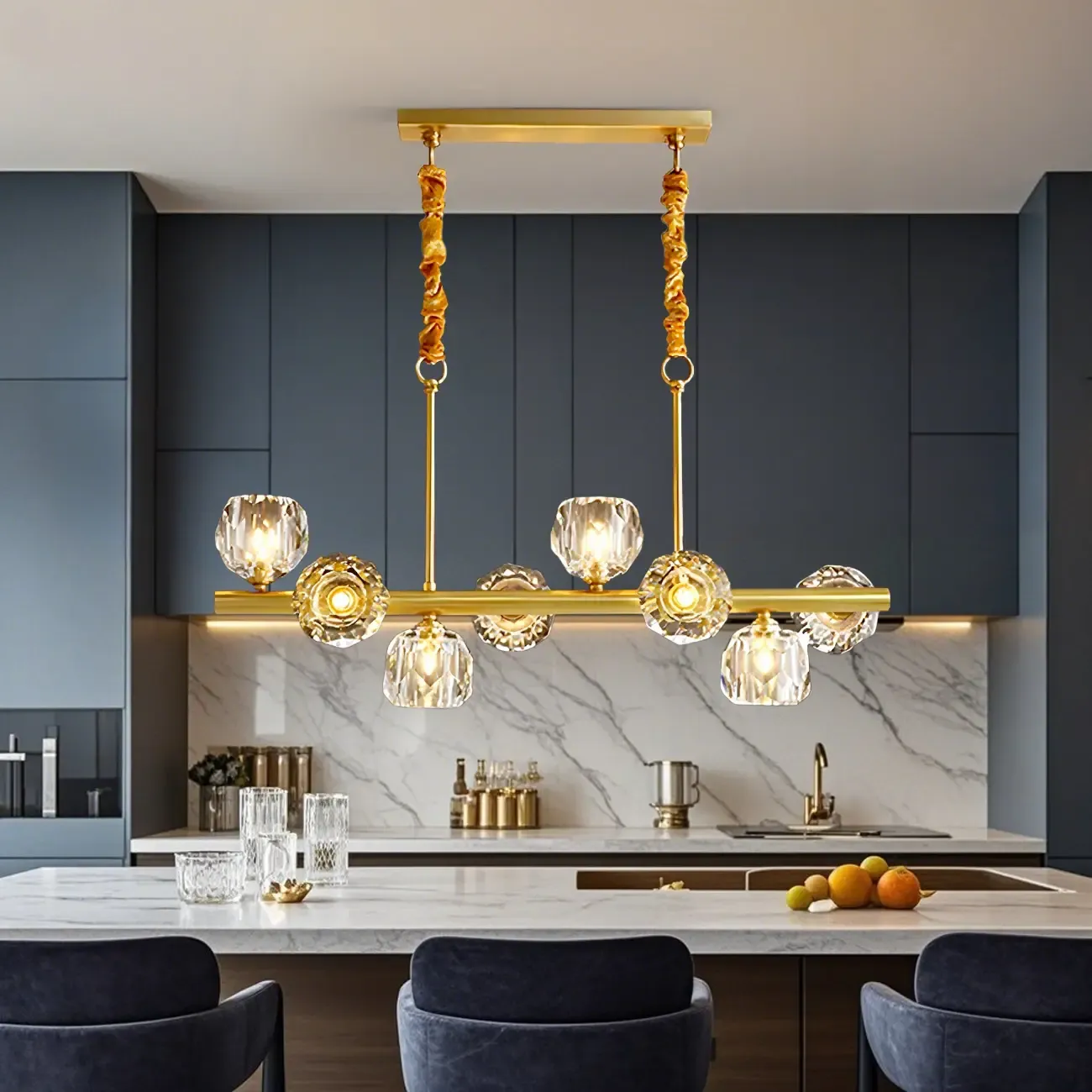 Large Linear Metal Crystal Gold Pendant Light for Kitchen