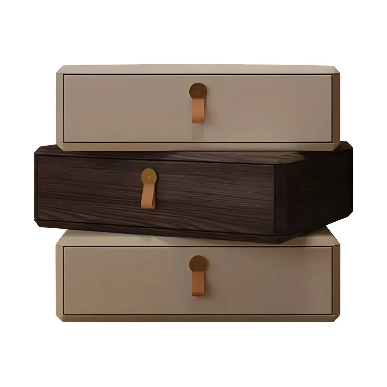 Stacked Beige Wood 3 Drawers Narrow Nightstand