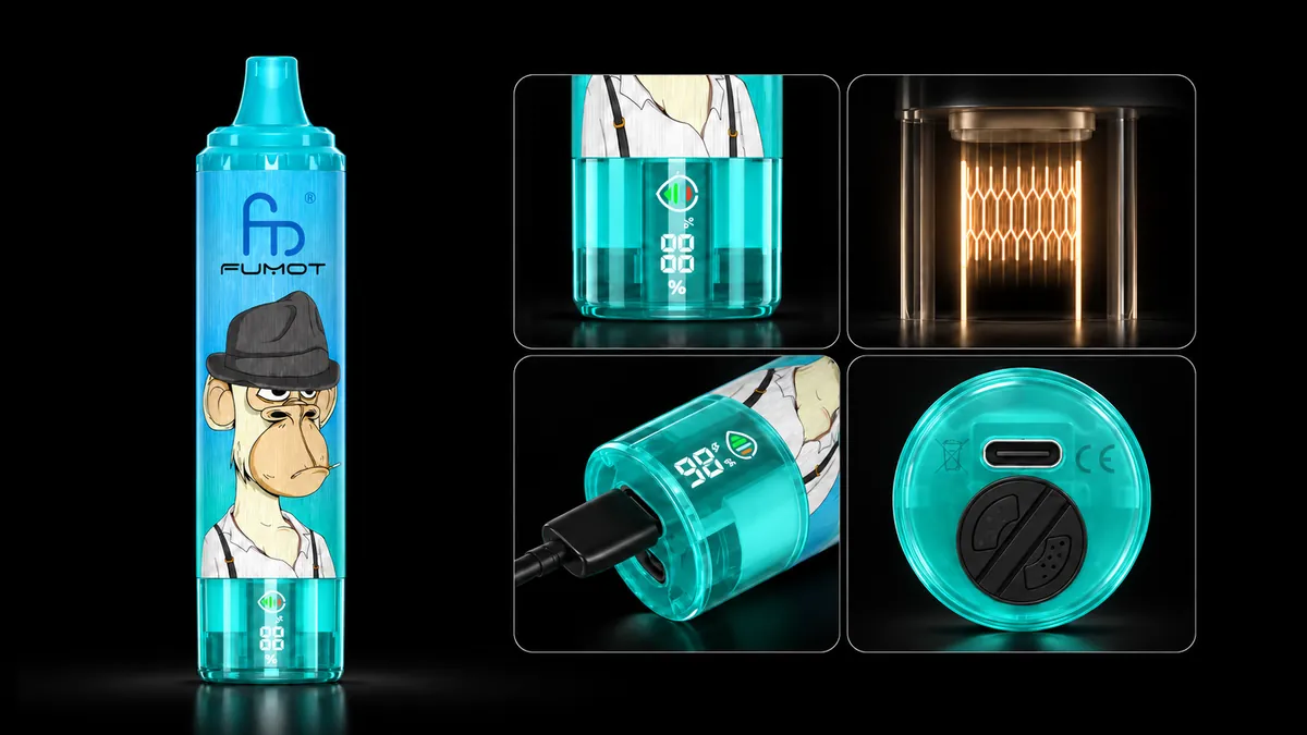 FUMOT Tornado 15000 Cactus Ice – Detailansichten von Display, Heizsystem, USB-C-Anschluss und Luftregulierung