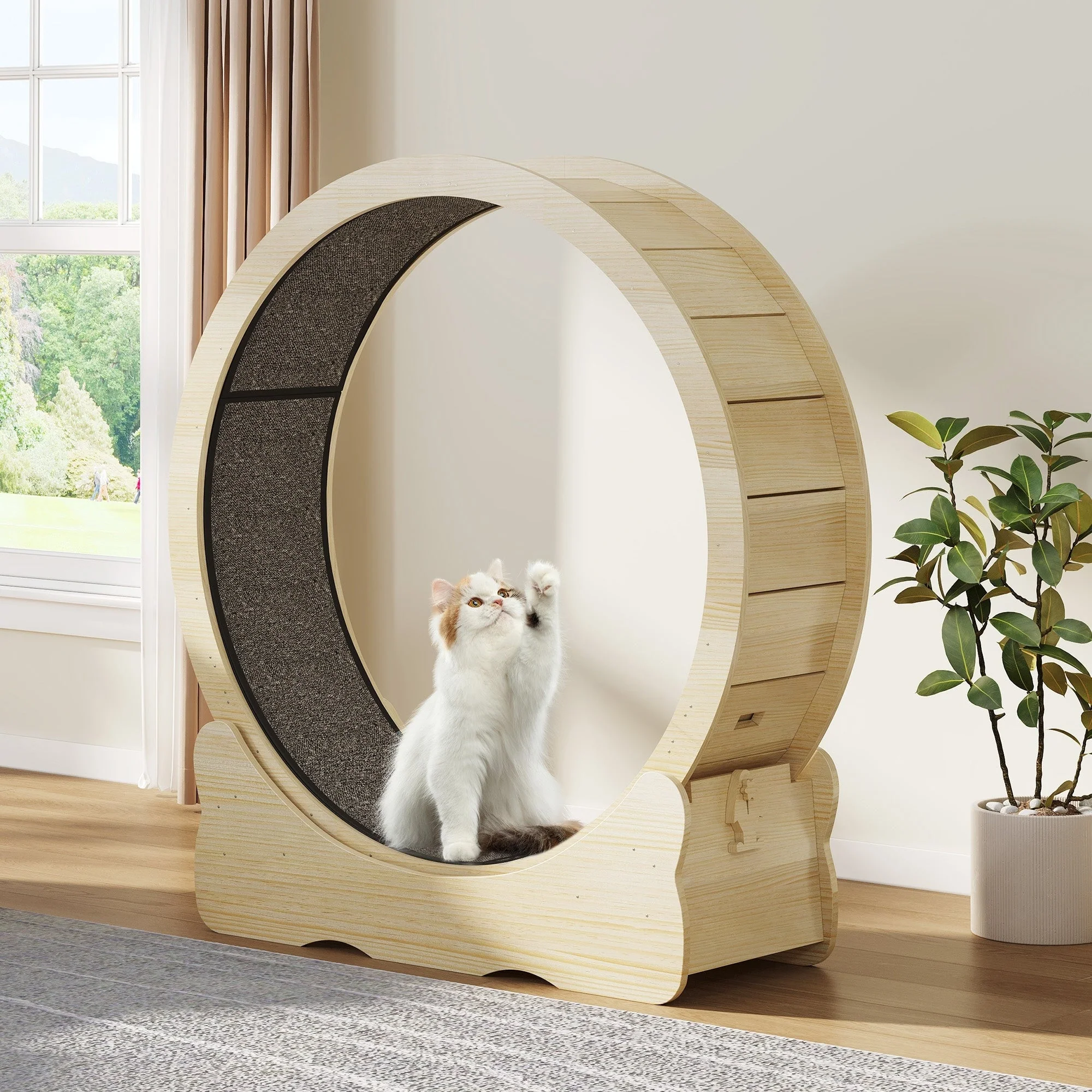 Moasis 43.3 inch Wood Large Cat Treadmill Exercise Running Wheel with Carpeted Runway