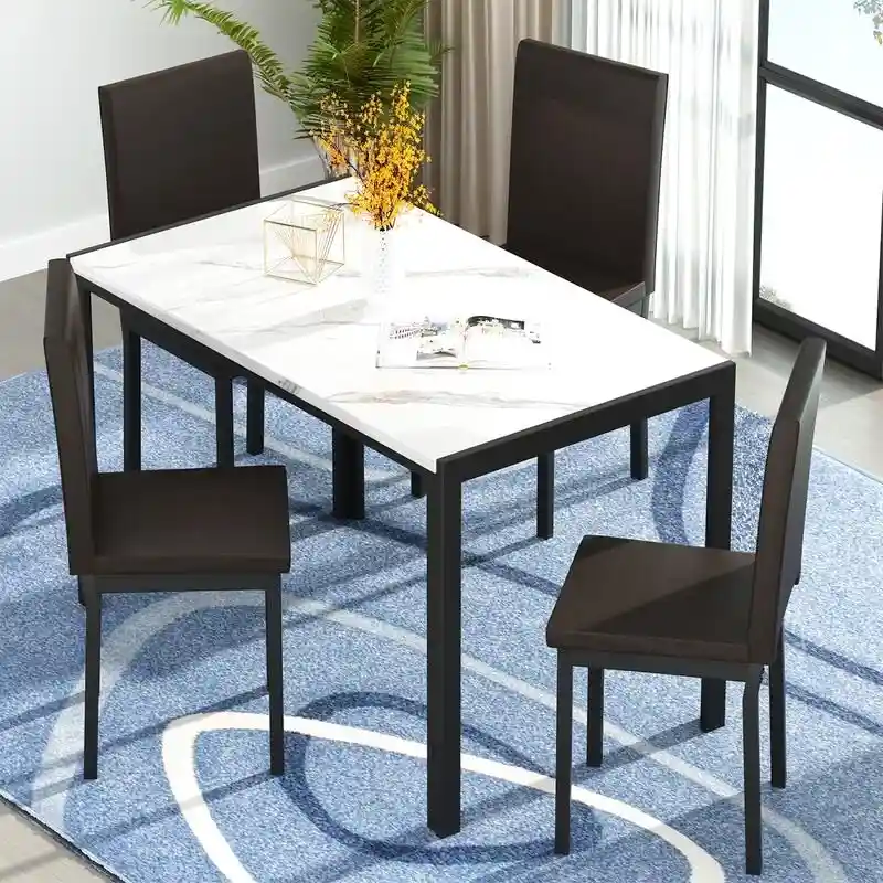 Modern Faux Marble 5 Pieces Kitchen Dining Set with 4 Cushion PU Leather Chairs