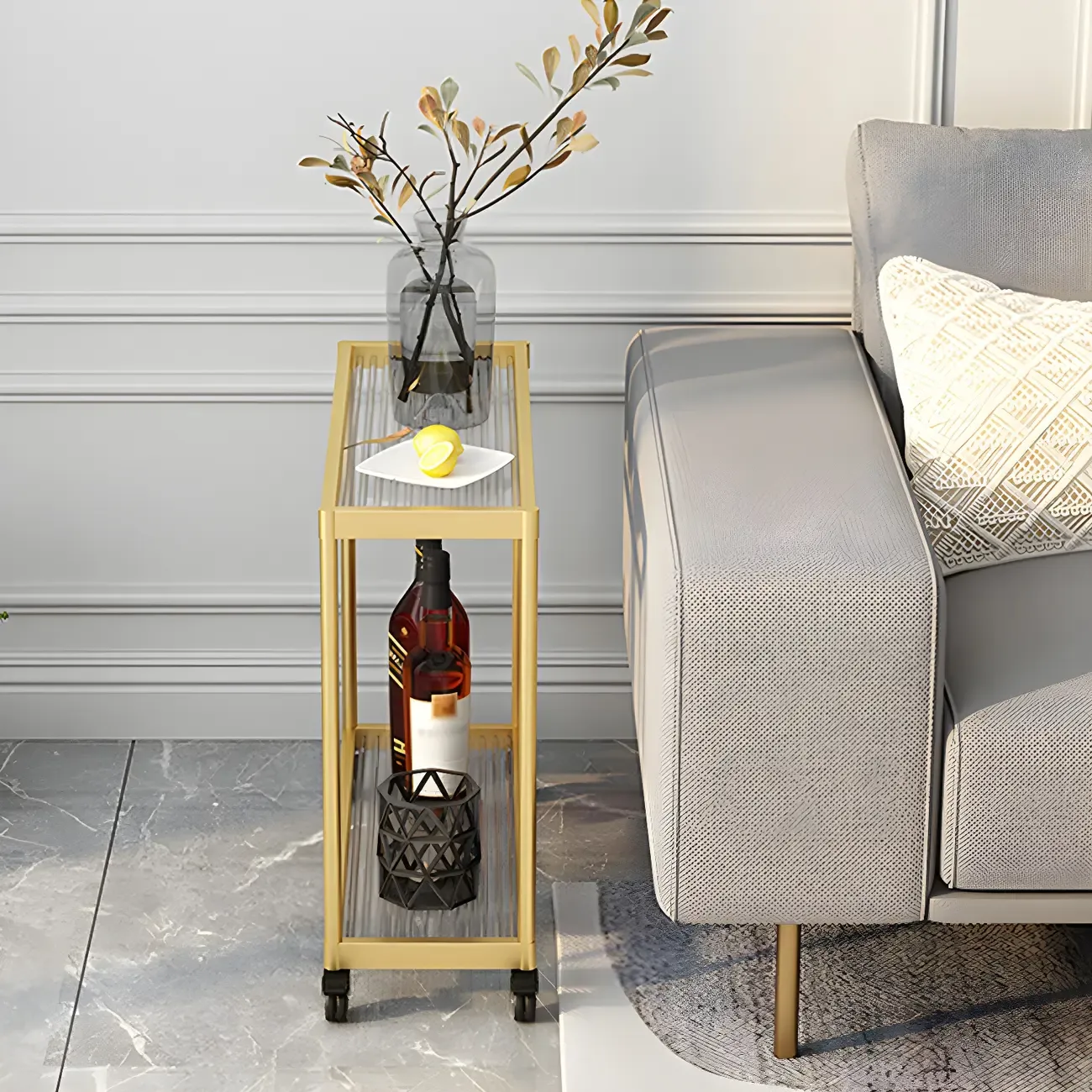 Gold Glass Rectangular Top Shelf Side Table on Wheels