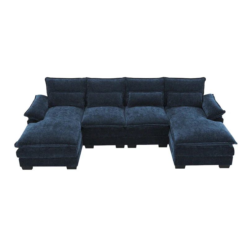 Blue Chenille 6-Seat Modular U-Shaped Sleeper Sectional Sofa with Chaise