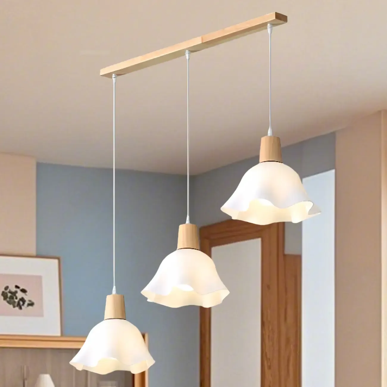 3 Lights Elegant Wooden Island Light with Acrylic Flower Shade