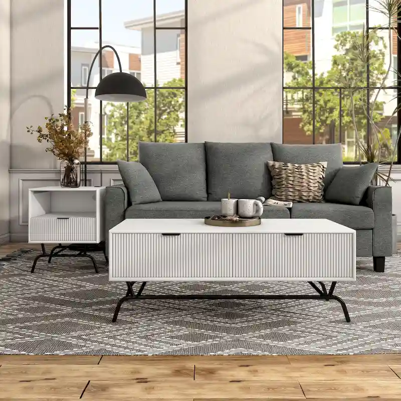 DH BASIC 2-Piece Modern Coffee Table and End Table Set with 3D Wave Accented Drawers by Denhour