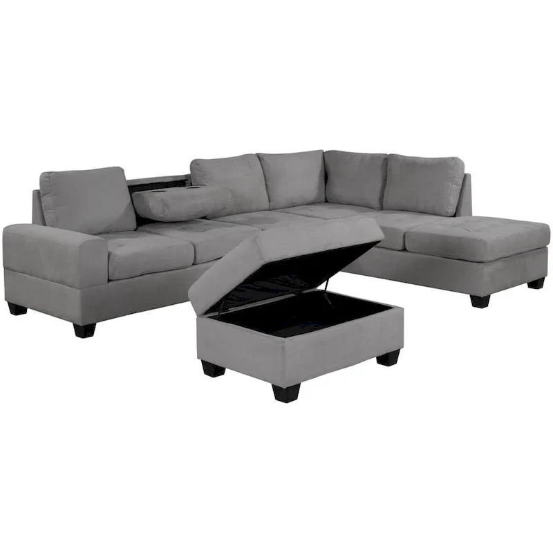 112-inch Modern L-shaped Sectional Sofa with Reversible Chaise, Storage Ottoman and Two Cup Holders - 112W x 80D x 33.7H