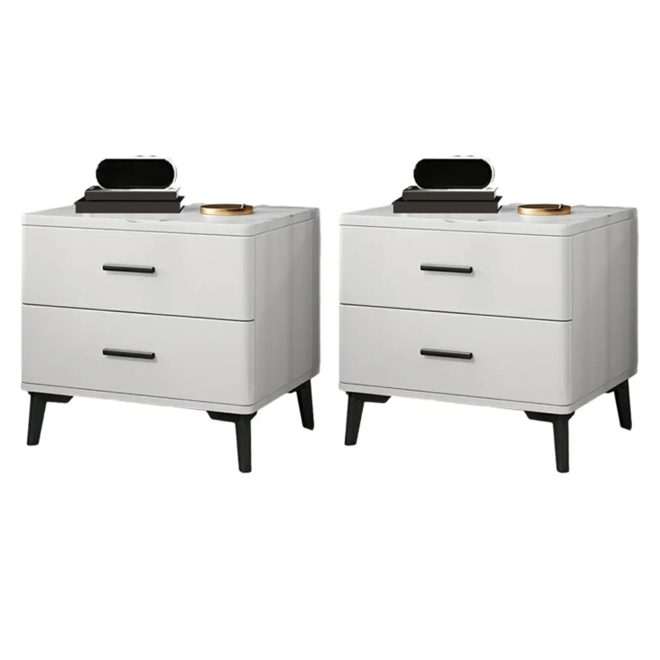 Modern White Stone Top Oak 2-Drawer Nightstand