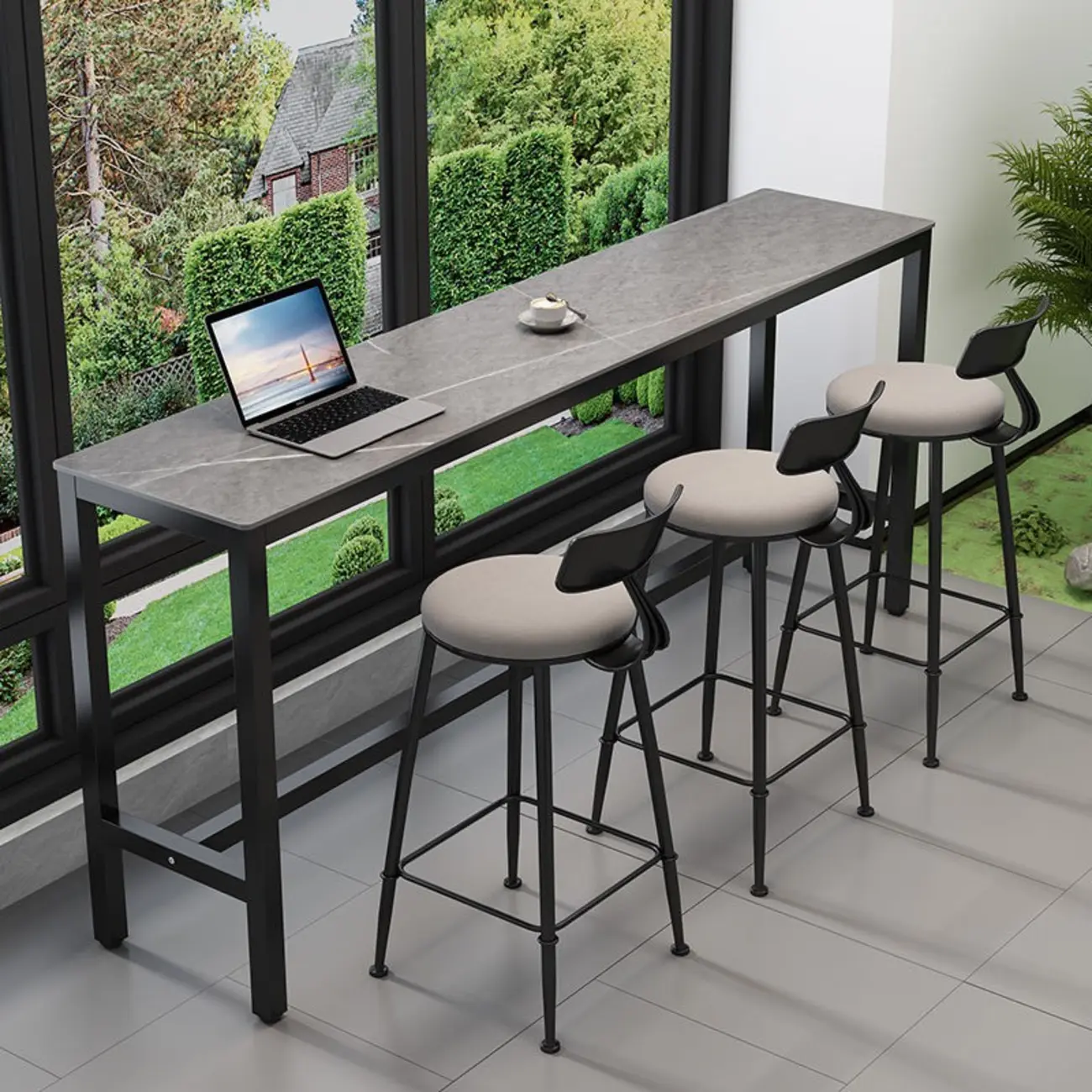 Modern Dove Grey Stone Top Steel Footrest Bar Tables