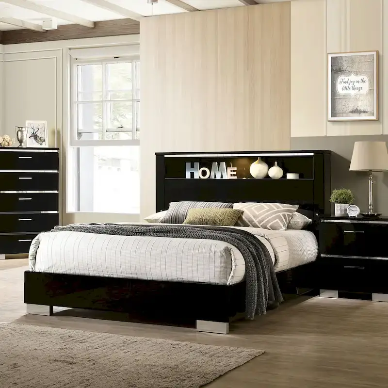Furniture of America Lofa Modern Black Wood Panel Bed with LED