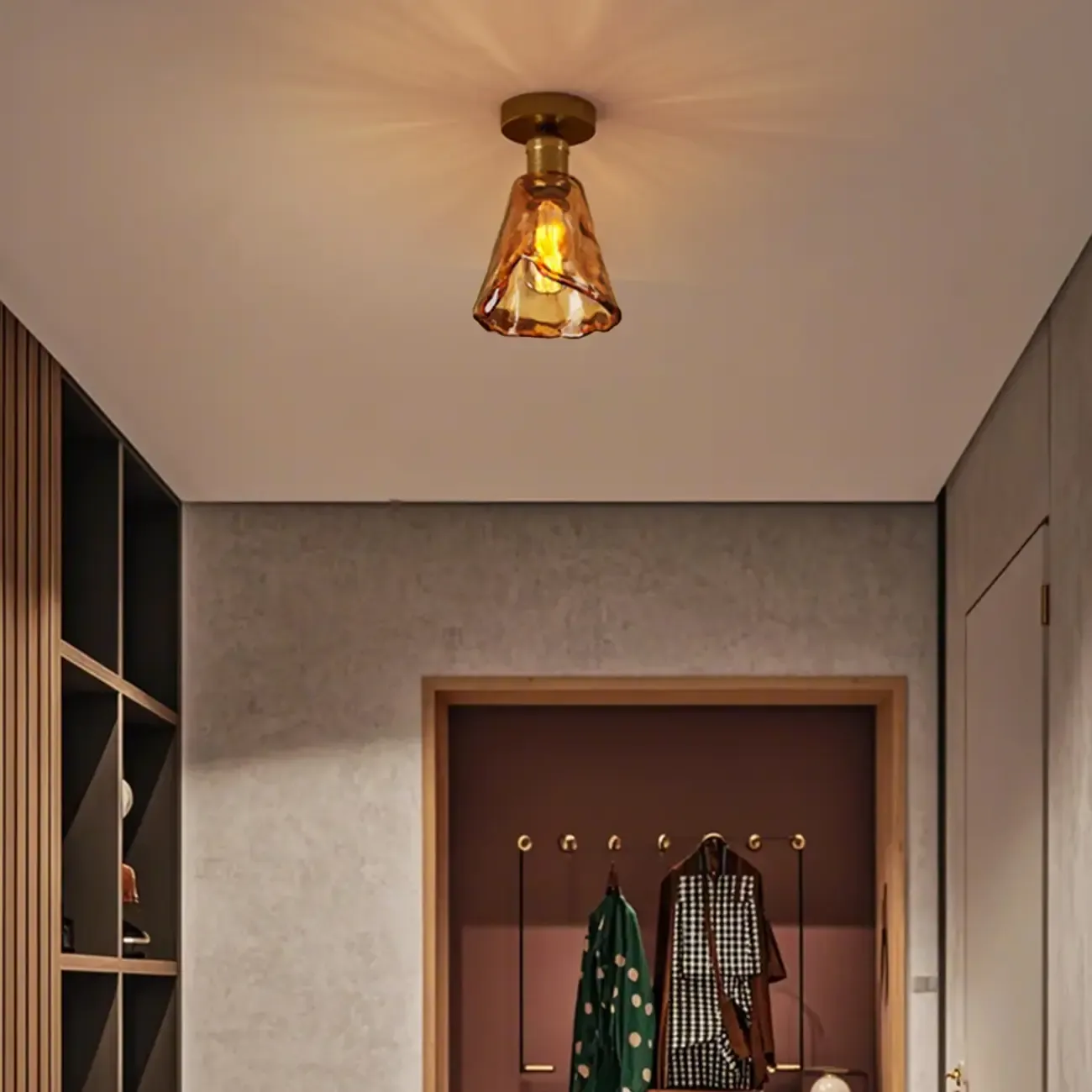 Modern Brass Amber Glass Cone Semi Flush Ceiling Light