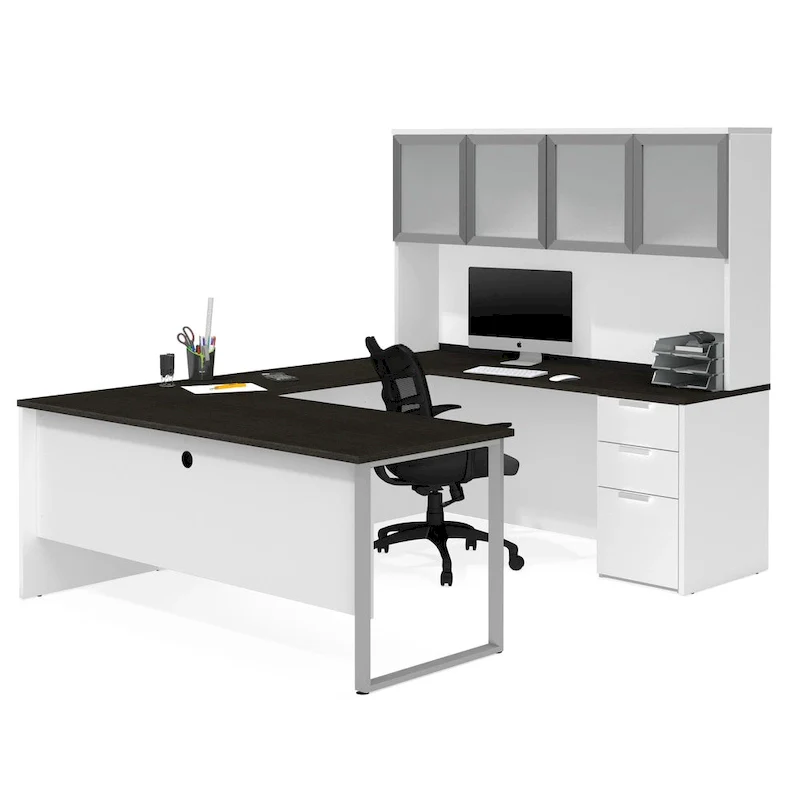 Bestar Pro-Concept Plus U-Desk with Frosted Glass Door Hutch