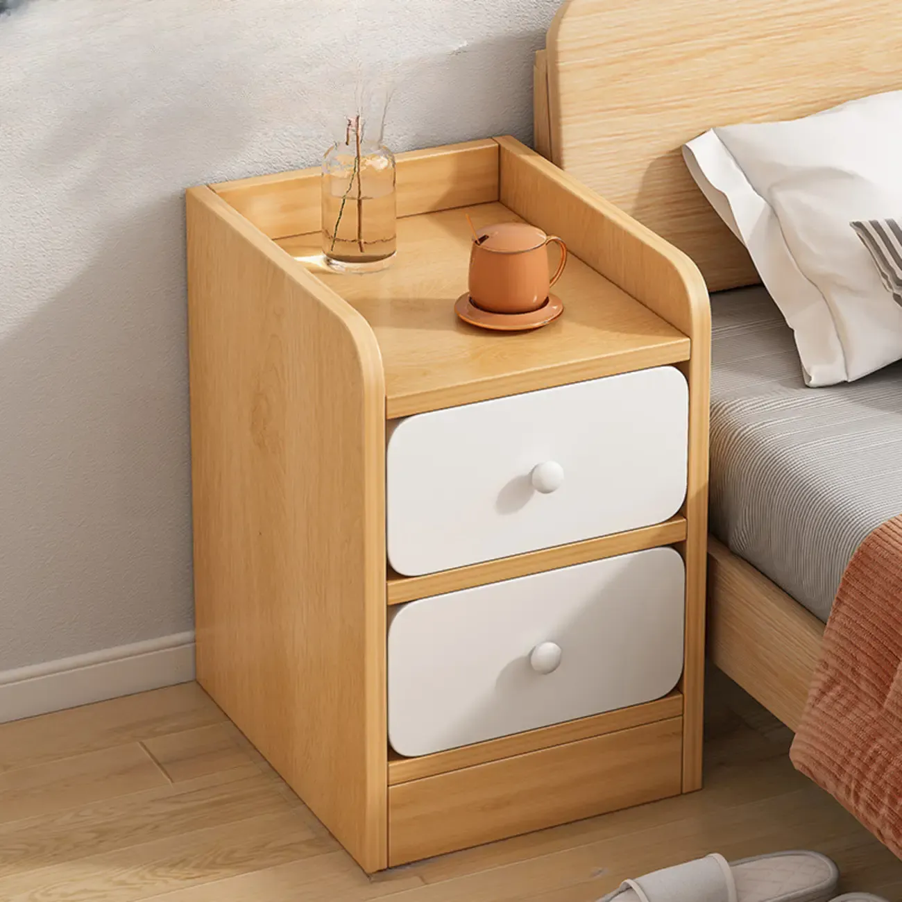 Simple White Natural Wood 2-Drawer Nightstand