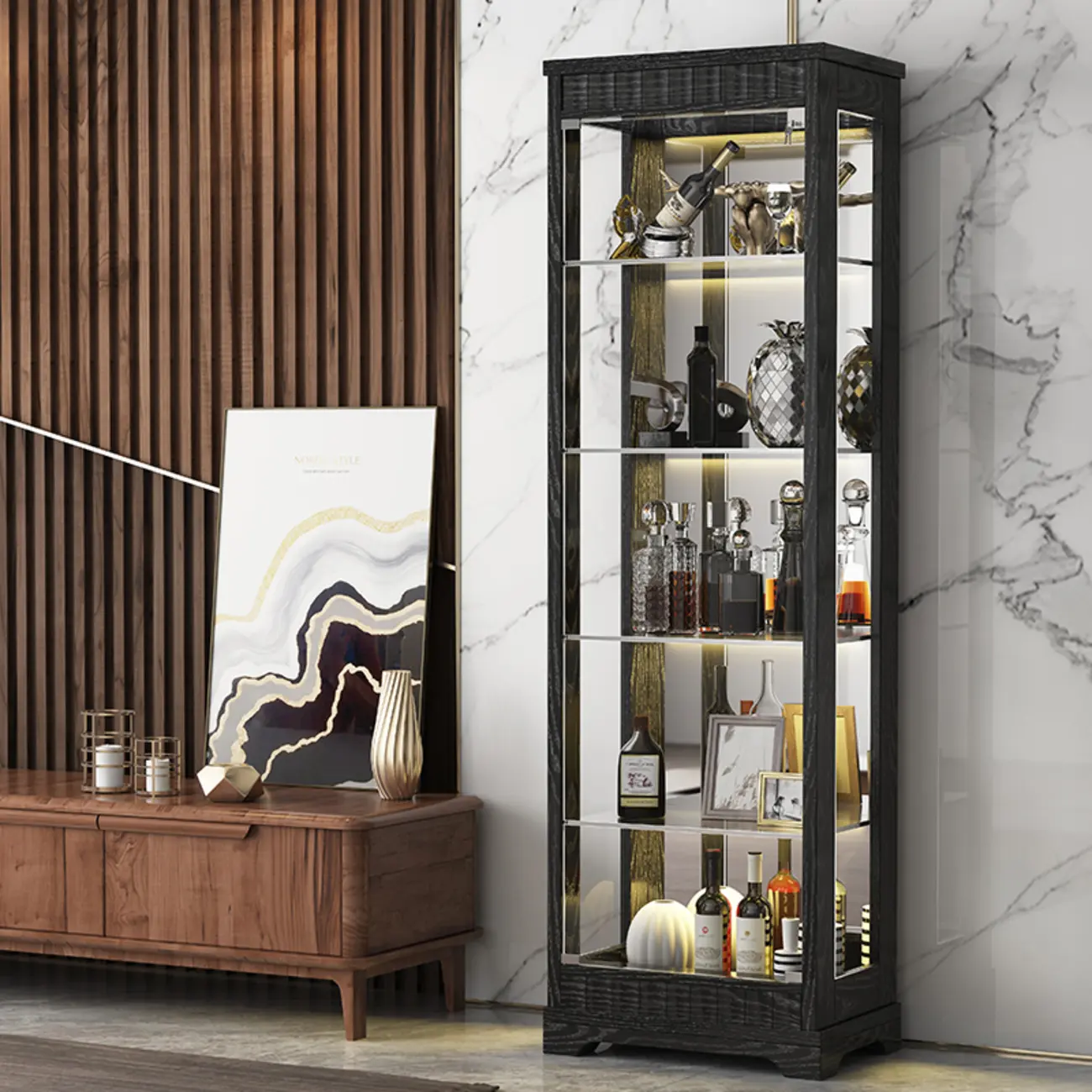Modern Wood Wine Cabinet with Bar Glass Holder Shelf