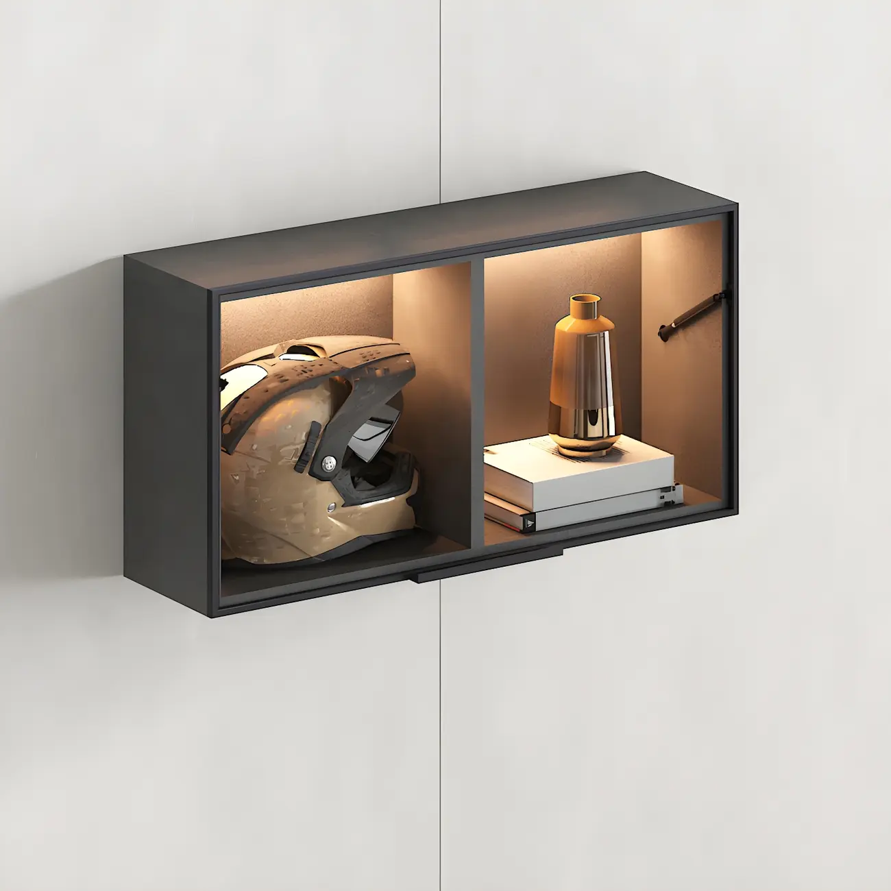 Black Wall Mount Wood 2-Cube Display Cabinet with Light