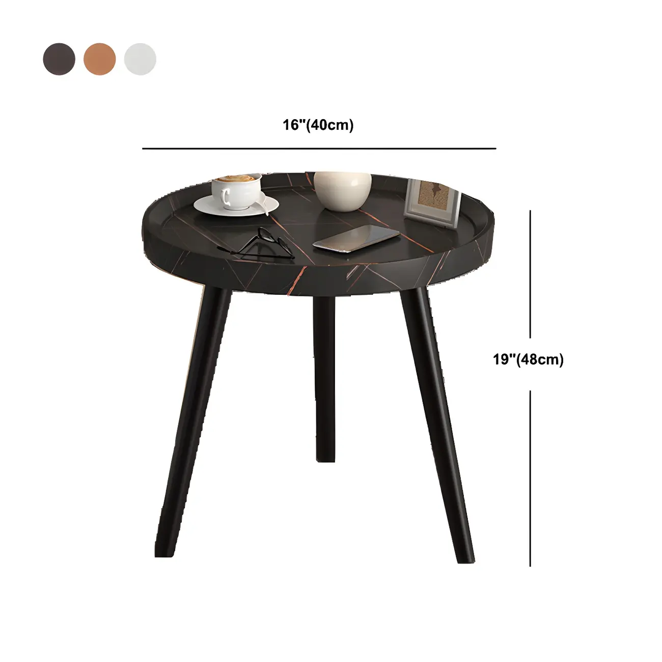 Natural Espresso Wood Small Round End Side Table with Tray Top & Shelf