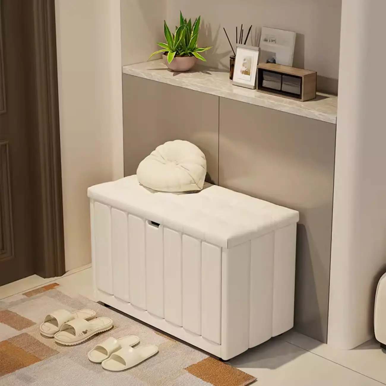 Adjustable Shelves Drop Front Wood Cushioned Shoe Bench