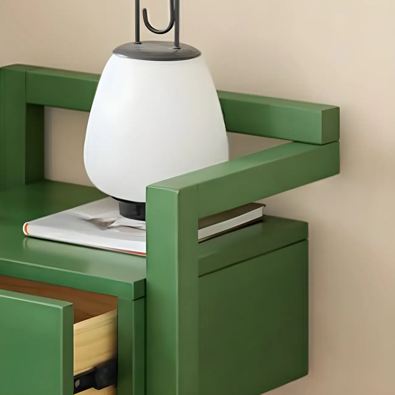 Green Wooden 1 Drawer Narrow Bedroom Nightstand