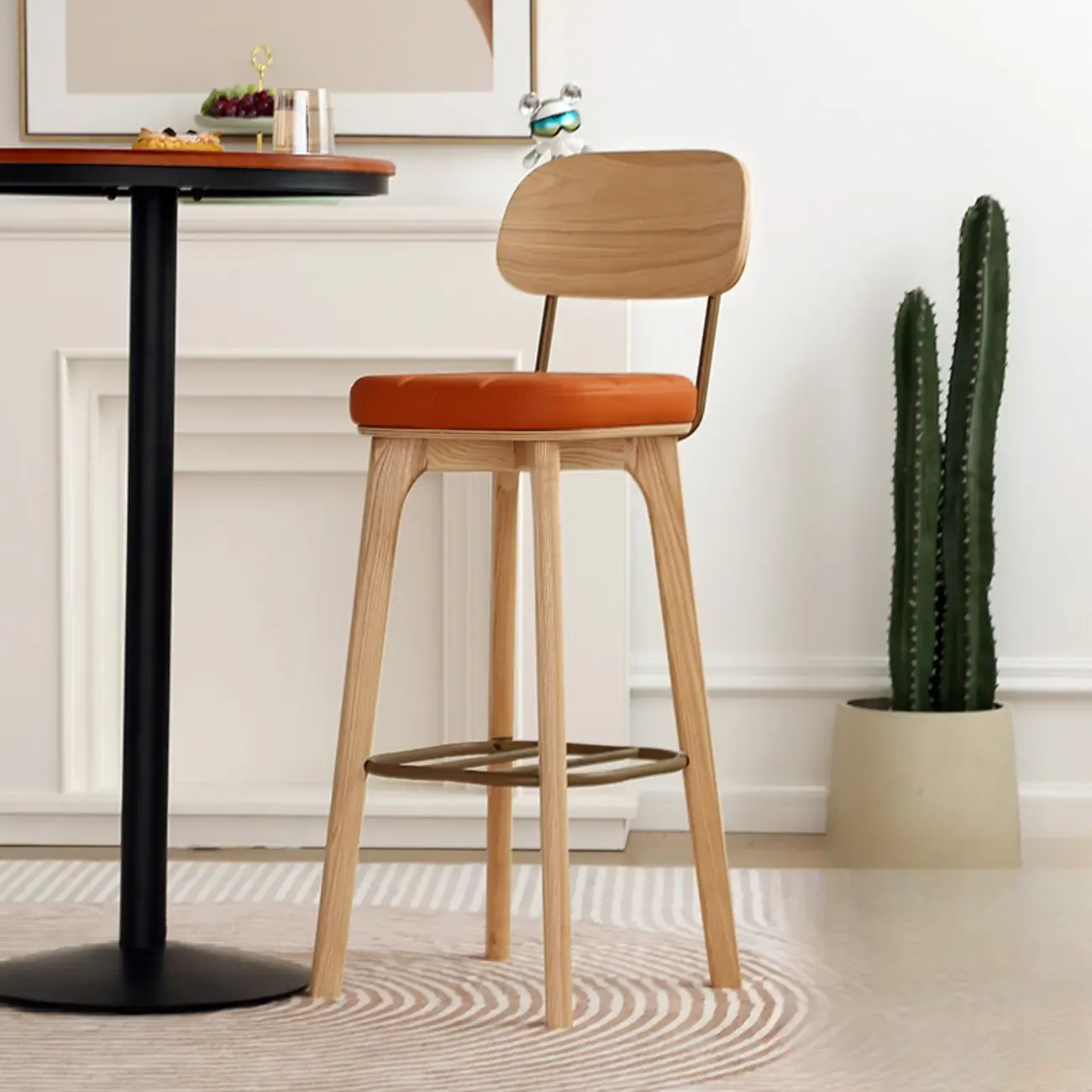 Wooden Square Leather Upholstered Bar Stool with Backrest