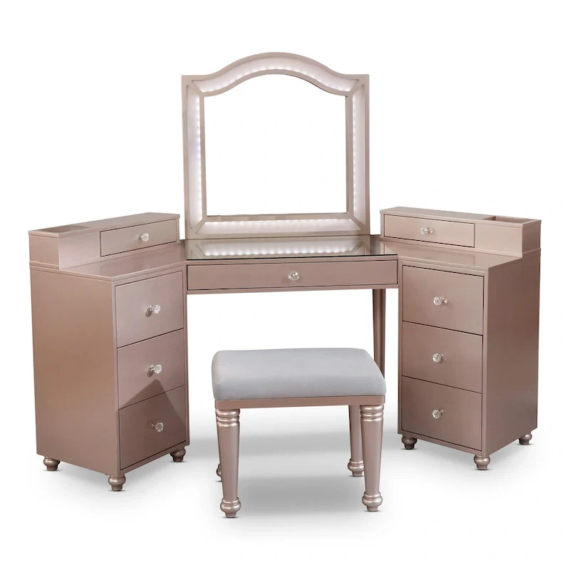 Furniture of America Ulru Transitional Solid Wood 3-Piece Makeup Vanity Set with LED