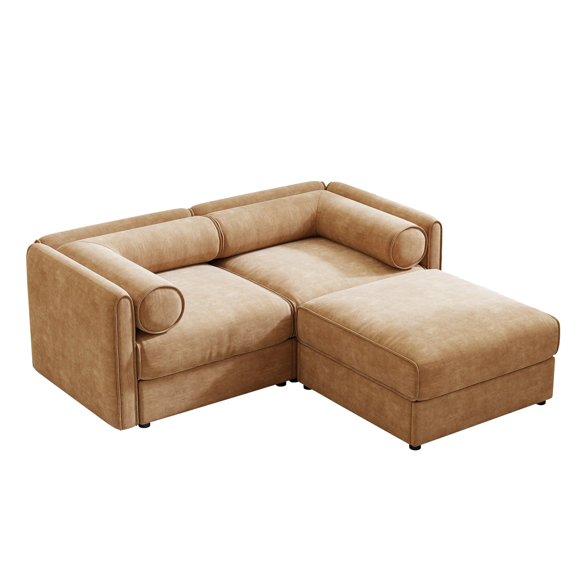 Walker Edison | Modern Stylish Camel Chenille Loveseat Sofa with Ottoman
