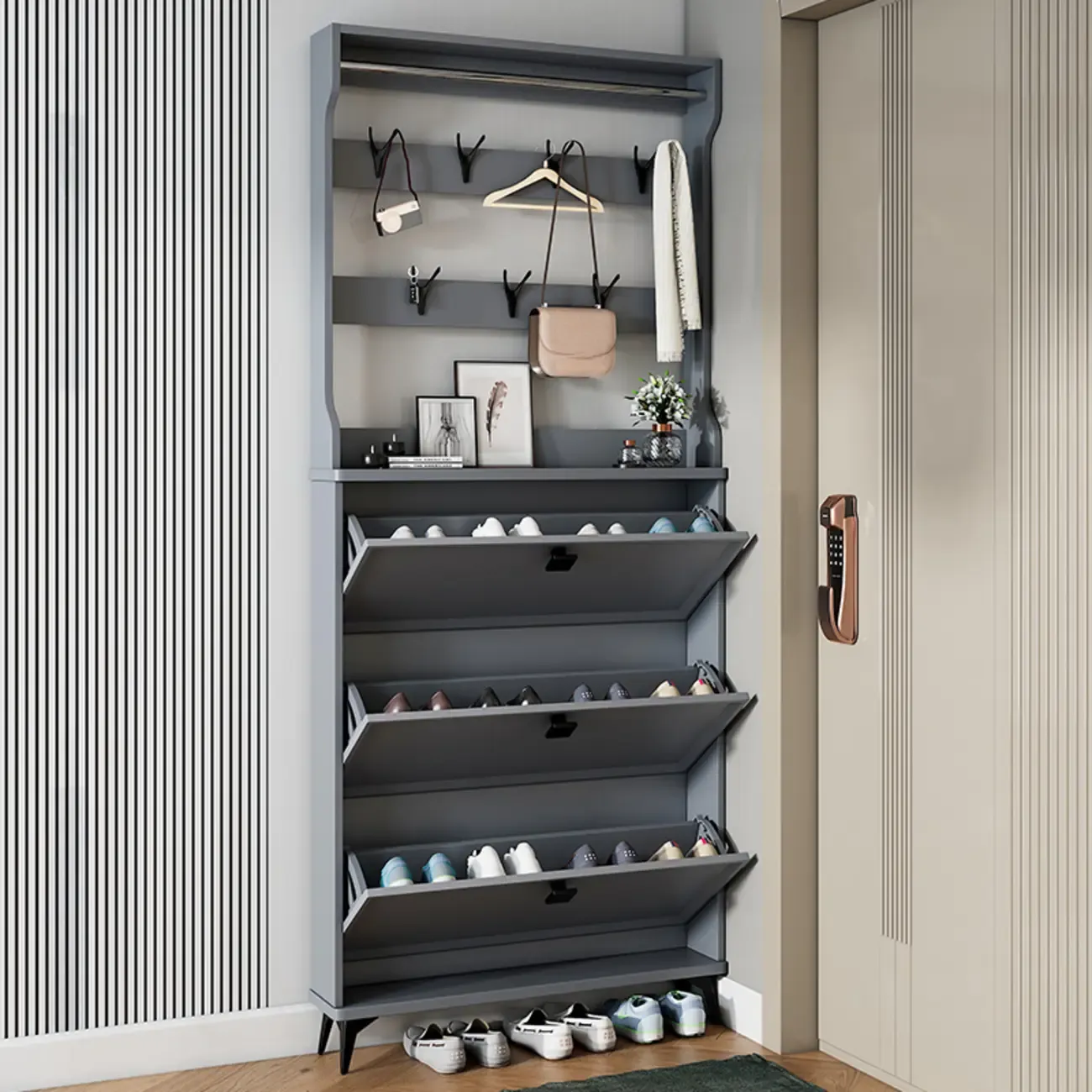 Drop-Front Adjustable Modern White Wood Narrow Shoe Cabinet