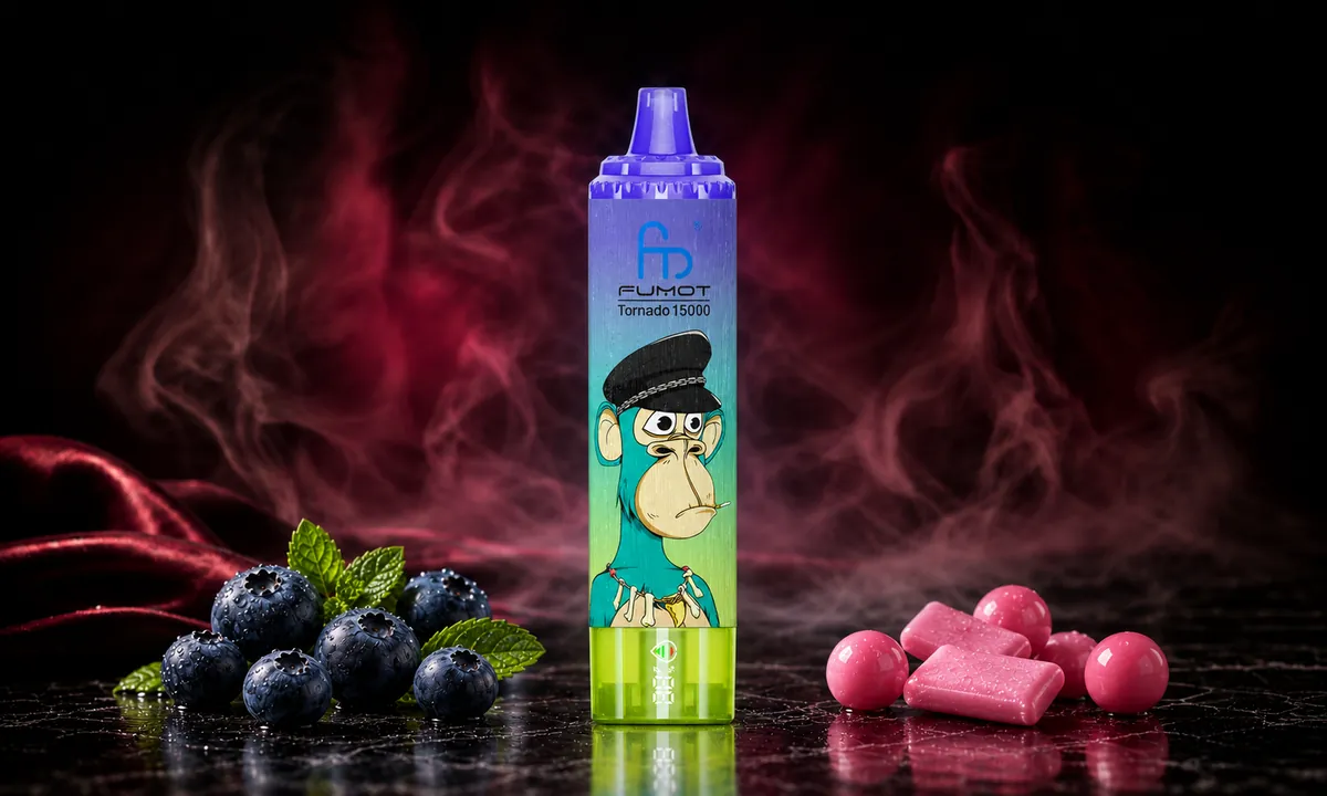 FUMOT Tornado 15000 Blueberry Bubblegum – E-Zigarette in einer atmosphärischen Produktszene