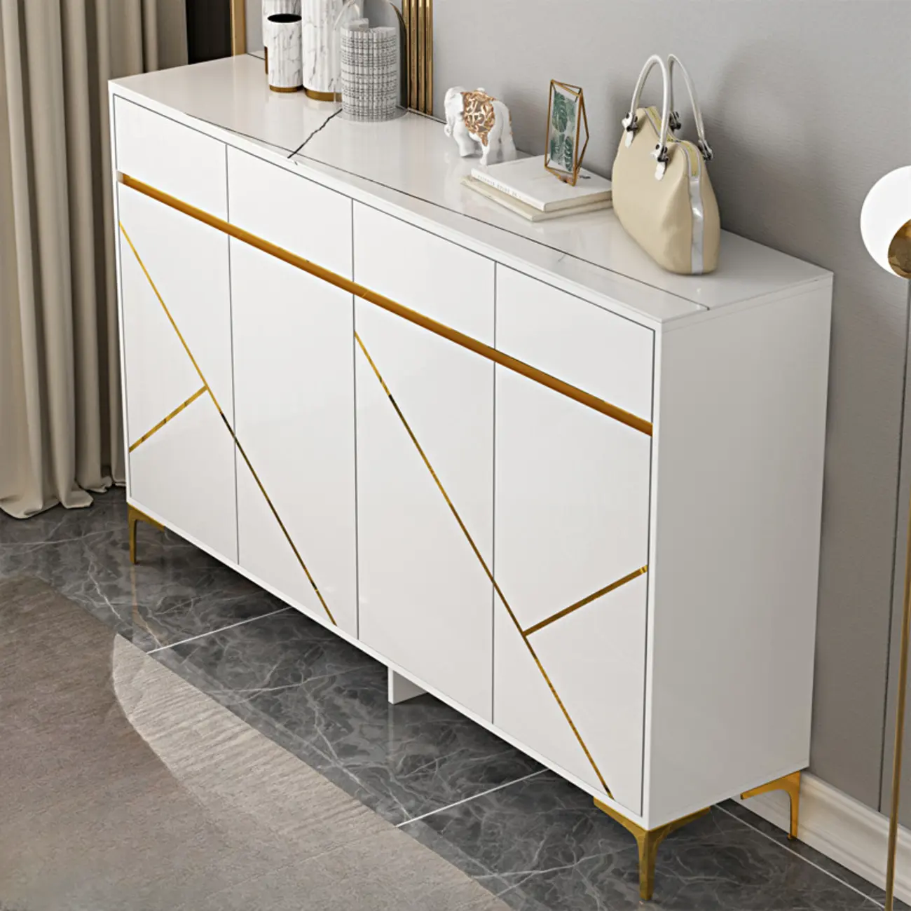 Trendy Gray Wood Shoe Cabinet with Drawers & Display Top